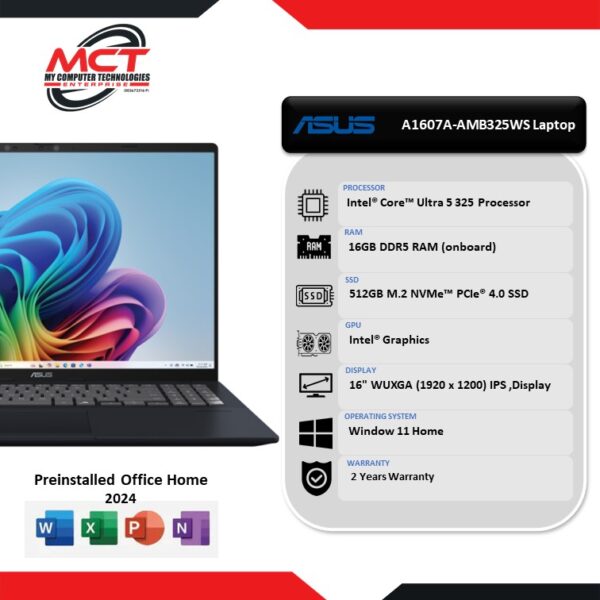 Asus Vivobook 16 A1607A-AMB325WS / A1607A-AMB326WS 16" WUXGA IPS Laptop Quiet Blue (CU5 325, 16GB DDR5, 512GB SSD, Intel, W11, HS+M365, 2Y)