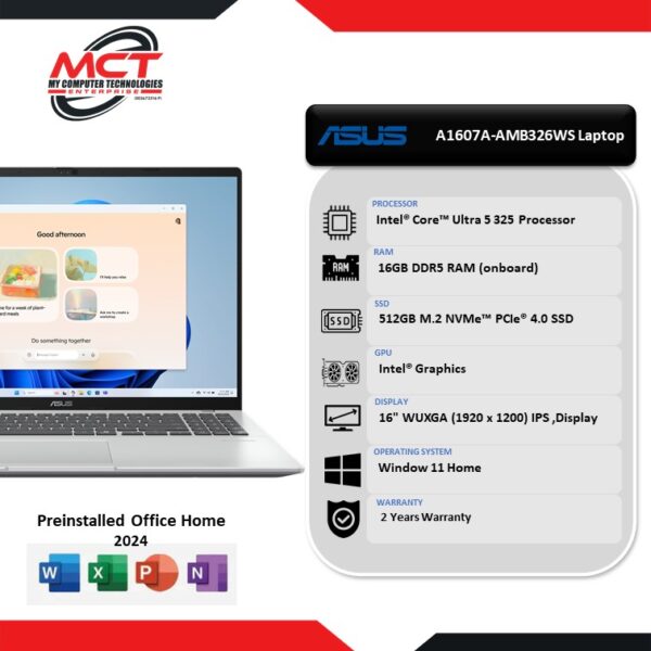 Asus Vivobook 16 A1607A-AMB326WS 16" WUXGA IPS Laptop Cool Silver (CU5 325, 16GB DDR5, 512GB, Intel, W11, HS+M365, 2Y)