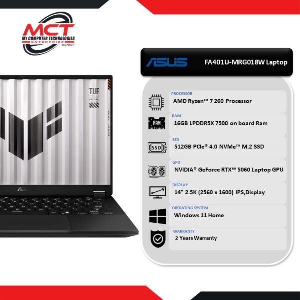 ASUS TUF Gaming A14 FA401U-MRG018W 14" WUXGA 165Hz Gaming Laptop (R7-260, 16GB LPDDR5X, 512GB SSD, RTX5060, W11, 2Y)