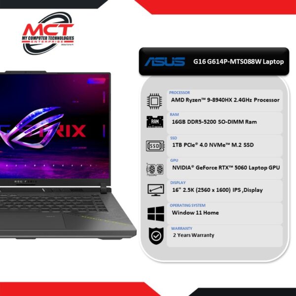 Asus ROG Strix G16 G614P-MTS088W 16'' WQXGA 300Hz Gaming Laptop Gray (R9-8940HX, 16GB DDR5, 1TB SSD, RTX5060, W11, 2Y)