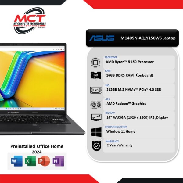 Asus Vivobook 14 M1405N-AQLY150WS 14'' WUXGA Laptop Indie Black (R5-150, 16GB DDR5, 512GB SSD, ATI, W11, HS+M365, 2Y)