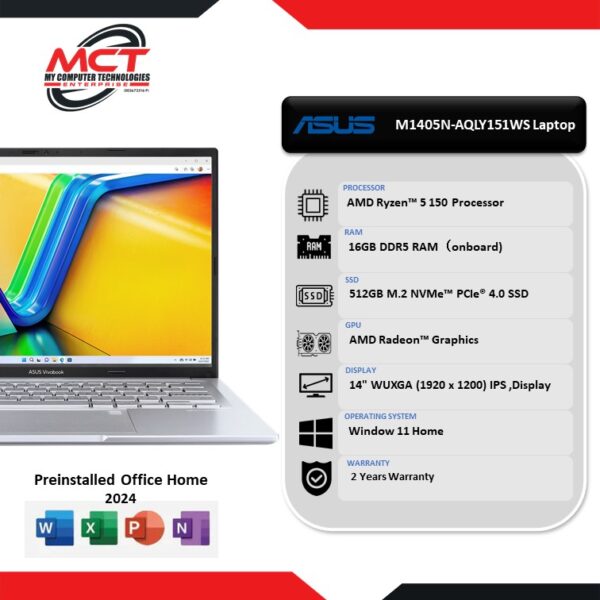 Asus Vivobook 14 M1405N-AQLY150WS / M1405N-AQLY151WS 14'' WUXGA Laptop Cool Silver (R5-150, 16GB DDR5, 512GB SSD, ATI, W11, HS+M365, 2Y)
