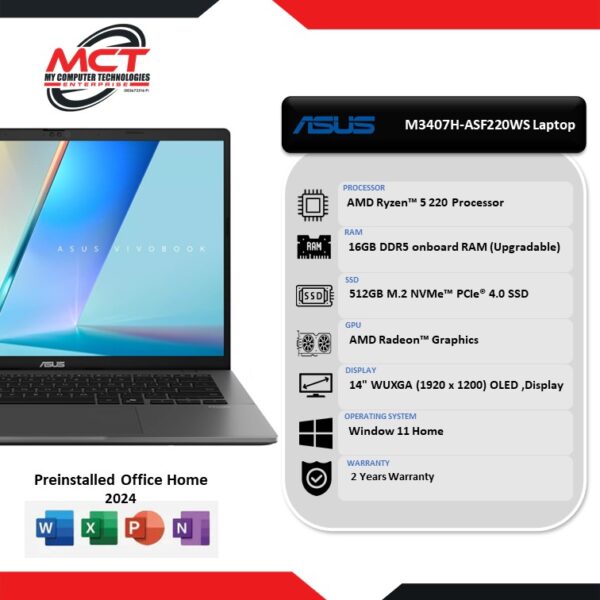 Asus Vivobook S14 M3407H-ASF220WS 14" WUXGA Laptop Matte Gray (R5-220, 16GB DDR5, 512GB SSD, ATI, W11, HS+M365, 2Y)