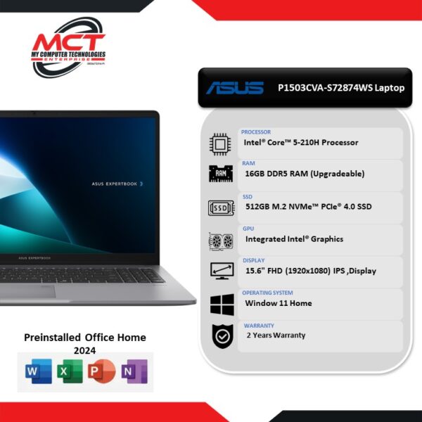 ASUS ExpertBook P1503CVA-S72874WS 15.6" FHD Laptop (C5-210H, 16GB DDR5, 512GB SSD, ATI, W11, HS+M365, 2Y)