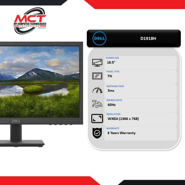 Dell D1918H 18.5" WXGA TN 60Hz Monitor (1366 x 768, 18.5", TN, 5MS, 60Hz, 3 YEARS WARRANTY)