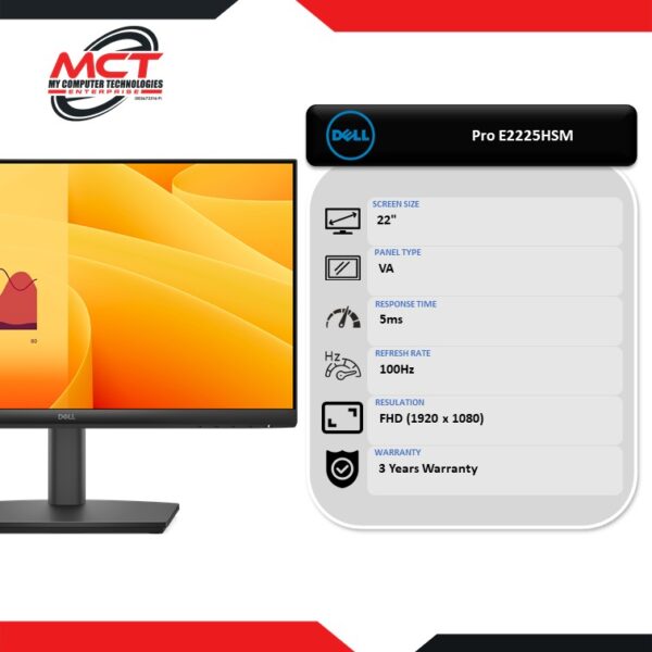 Dell Pro E2225HSM 22" FHD VA 100Hz Adjustable Stand Monitor (1920 x 1080, 22", VA, 5MS, 100Hz, 3 YEARS WARRANTY)
