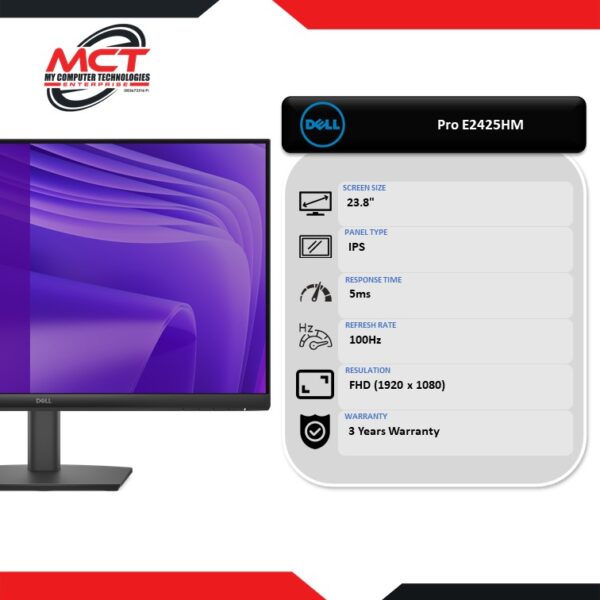 Dell Pro E2425HM 23.8" FHD IPS 100Hz Monitor (1920 x 1080, 23.8", IPS, 5MS, 100Hz, 3 YEARS WARRANTY)
