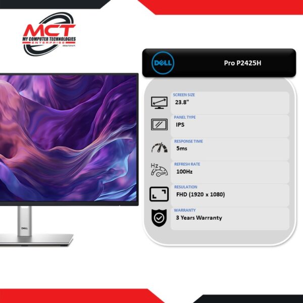 Dell Pro P2425H 23.8" FHD IPS 100Hz Monitor (1920 x 1080, 23.8", IPS, 5MS, 100Hz, 3 YEARS WARRANTY)