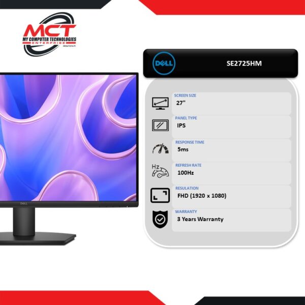Dell SE2725HM 27" FHD IPS 100Hz Monitor (1920 x 1080, 27", IPS, 5MS, 100Hz, 3 YEARS WARRANTY)