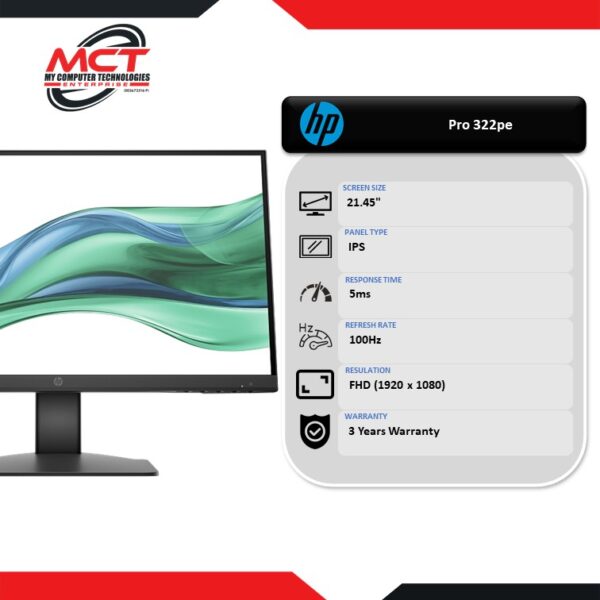 HP Series 3 Pro 322pe 21.45" FHD IPS 100Hz Monitor (1920 x 1080, 21.45", IPS, 5MS, 100Hz, 3 YEARS WARRANTY)