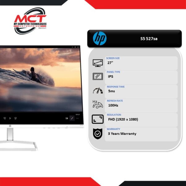 HP S5 527sa 27'' FHD 100Hz Flat Monitor (1920 x 1080, 27", IPS, 5MS, 100Hz, 3 YEARS WARRANTY)