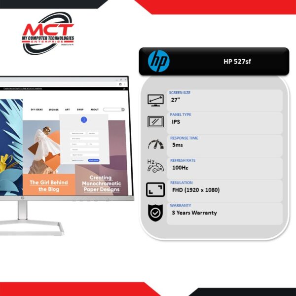 HP 527sf 27'' FHD 100Hz Flat Monitor (1920 x 1080, 27", IPS, 5MS, 100Hz, 3 YEARS WARRANTY)