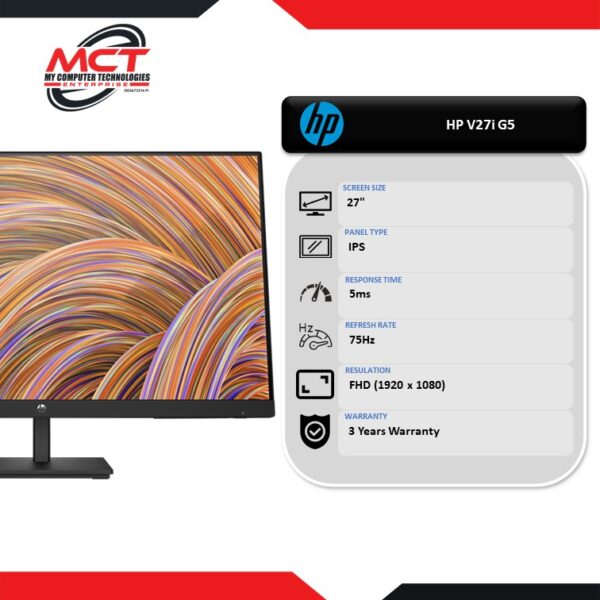 HP V27i G5 27" FHD 75Hz Monitor (1920 x 1080, 27", IPS, 5MS, 75Hz, 3 YEARS WARRANTY)