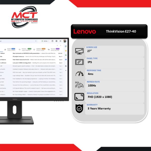 Lenovo ThinkVision E27-40 27" IPS WLED 100Hz Monitor (1920 x 1080, 27", IPS, 4MS, 100Hz, 3 YEARS WARRANTY)