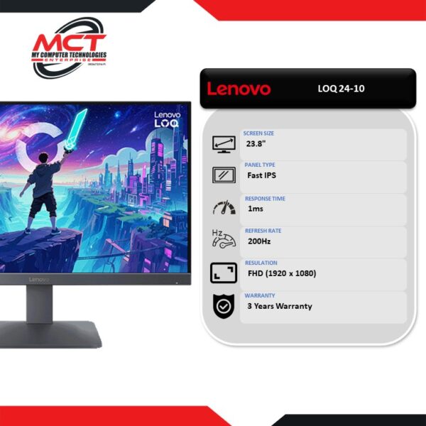 Lenovo LOQ 24-10 23.8" Monitor (1920 x 1080, 23.8", Fast IPS, 1MS, 200Hz, 3 YEARS WARRANTY)