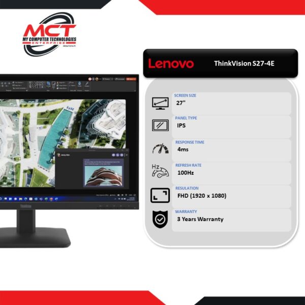 Lenovo ThinkVision S27-4E 27" IPS 100Hz Monitor (1920 x 1080, 27", IPS, 4MS, 100Hz, 3 YEARS WARRANTY)