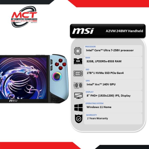 MSI Claw 8 AI+ A2VM 248 Glacier Blue Edition Gaming Handheld (CU7-258V, 32GB LPDDR5x, 1TB SSD, Intel® Arc, W11, 2Y)