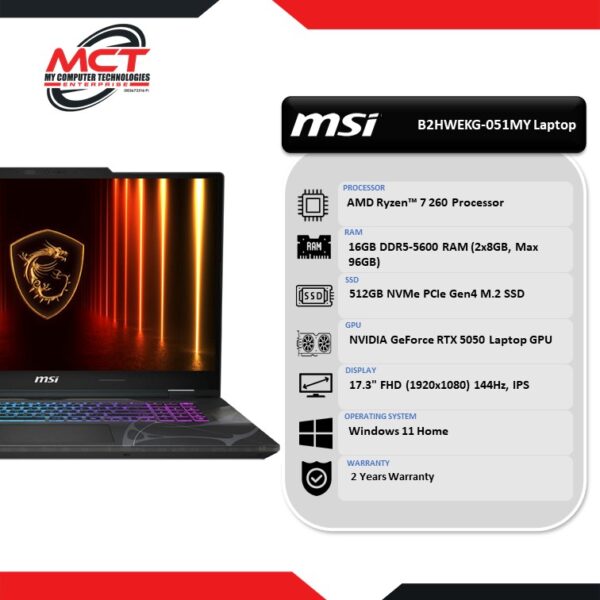 MSI Cyborg A17 AI B2HWEKG-051 17'' FHD 144Hz Gaming Laptop Translucent Black (R7-260, 16GB DDR5, 512GB, RTX5050 8GB, W11, 2Y)
