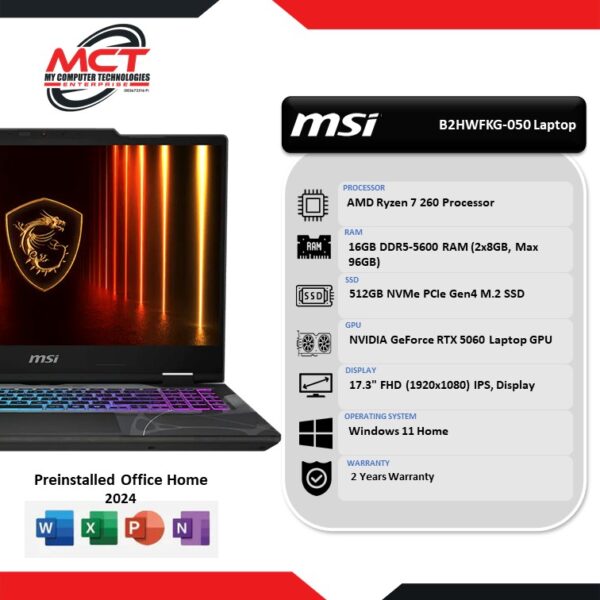 MSI Cyborg A17 AI B2HWFKG-050 17'' FHD 144Hz Gaming Laptop (R7-260, 16GB DDR5, 512GB SSD, RTX5060 8GB, W11, 2Y)