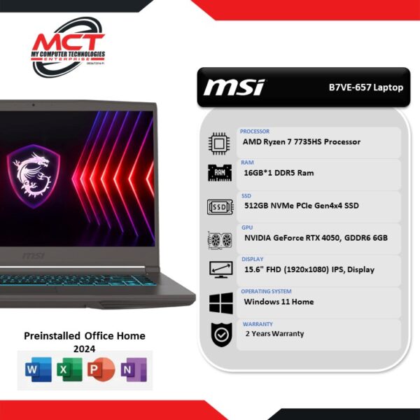 MSI Thin A15 B7VE-657 15.6'' FHD Gaming Laptop Cosmos Gray (R7-7735HS, 16GB DDR5, 512GB SSD, RTX4050 6GB, W11, HS, 2Y)