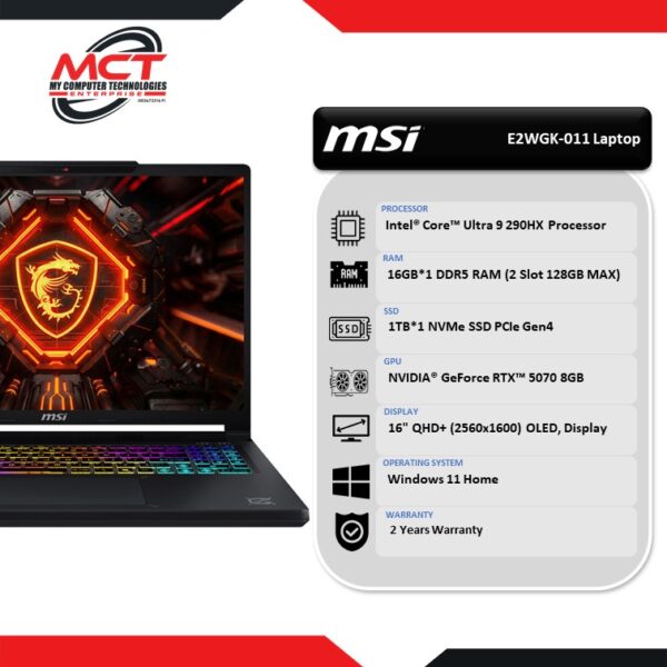 MSI Crosshair 16 Max HX E2WGK-011 16''QHD+ Gaming Laptop Core Black (CU9-290HX, 16GB DDR5, 1TB SSD, RTX5070 8GB, W11, 2Y)