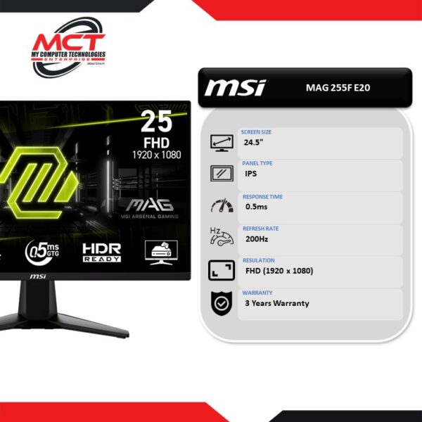 MSI MAG 255F E20 24.5" FHD 200Hz Flat Gaming Monitor (1920 x 1080, 24.5", IPS, 0.5MS, 200Hz, 3 YEARS WARRANTY)
