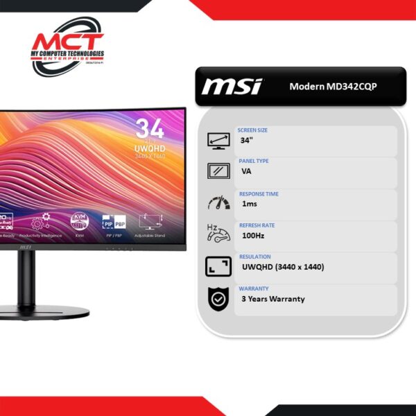 MSI Modern MD342CQP 34" VA UWQHD 120Hz Business & Productivity Monitor (3440 x 1440, 34", VA, 1MS, 100Hz, 3 YEARS WARRANTY)