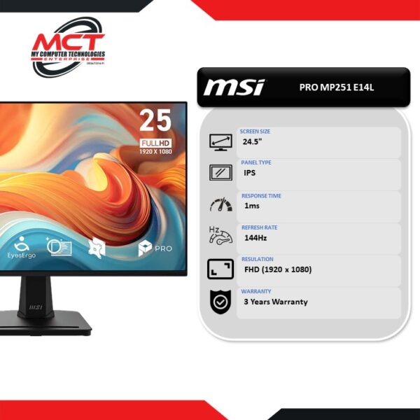 MSI PRO MP251 E14L 24.5" 144Hz IPS FHD Monitor (1920 x 1080, 24.5", IPS, 1MS, 144Hz, 3 YEARS WARRANTY)