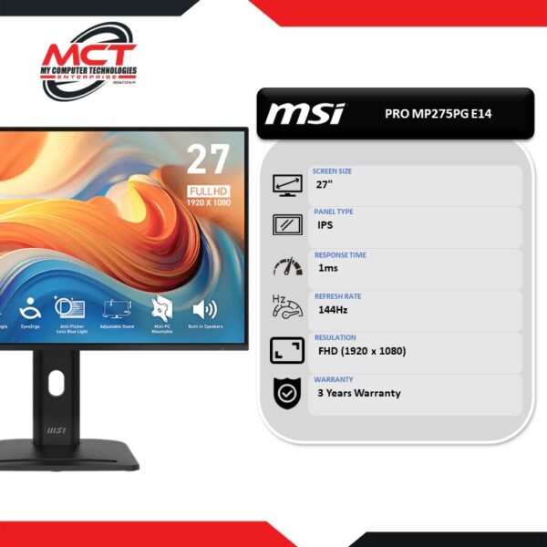 MSI PRO MP275PG E14 27" FHD IPS 144Hz Flat Monitor (1920 x 1080, 27", IPS, 1MS, 144Hz, 3 YEARS WARRANTY)