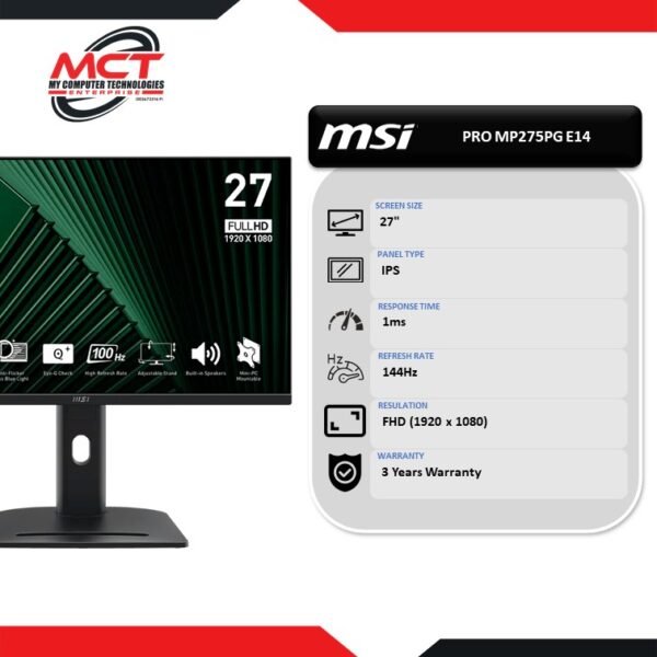 MSI PRO MP275PG 27" FHD IPS 144Hz Flat Monitor (1920 x 1080, 27", IPS, 1MS, 144Hz, 3 YEARS WARRANTY)