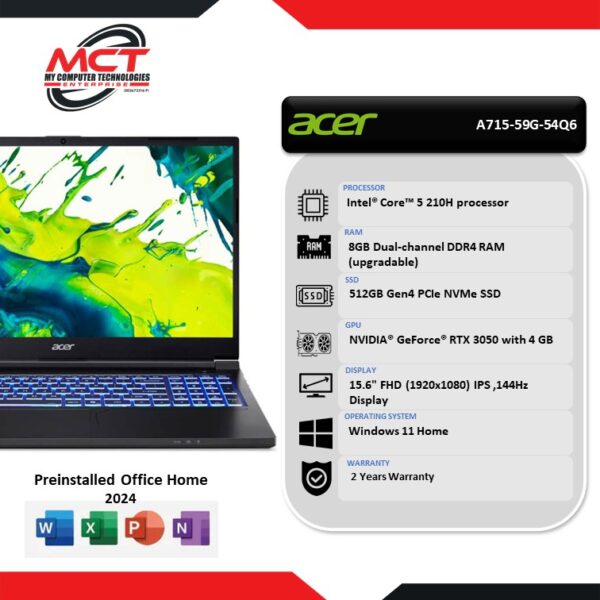 Acer Aspire 7 A715-59G-54Q6 15.6'' FHD 144Hz Gaming Laptop Black (C5-210H, 8GB DDR4, 512GB SSD, RTX3050 4GB, W11, HS+M365, 2Y)