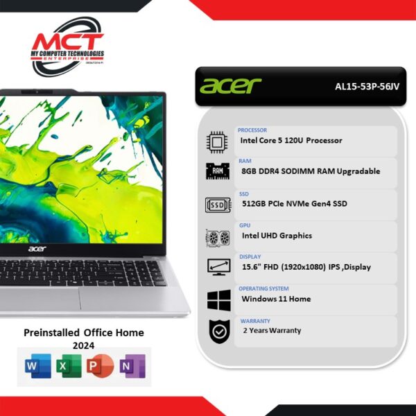 Acer Aspire Lite 15 AL15-53P-56JV 15.6" FHD Laptop Light Silver (C5-120U, 8GB DDR4, 512GB SSD, Intel, W11, HS+M365, 2Y)