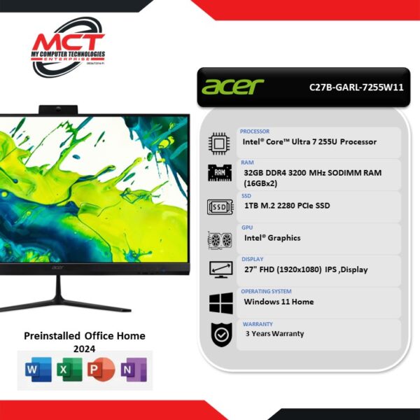 Acer Aspire C27B-GARL-7255W11 27" FHD All-In-One Desktop PC (CU7-255U, 32GB DDR4, 1TB SSD, Intel, W11, HS+M365, 3Y)