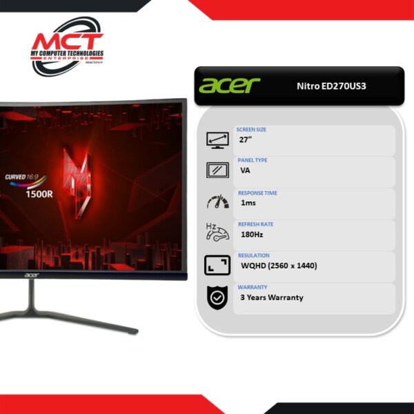 Acer Nitro ED270US3 27" WQHD 180Hz Curved Gaming Monitor (2560 x 1440, 27", VA, 1MS, 180Hz, 3 YEARS WARRANTY)