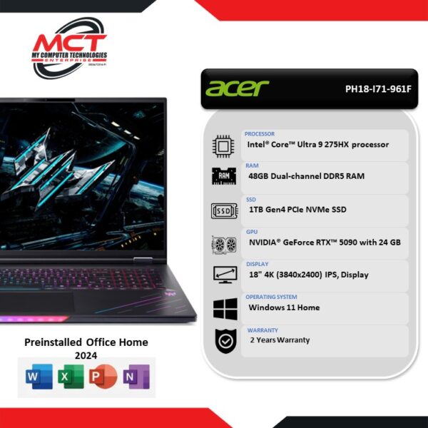 Acer Predator Helios 18 AI PH18-I71-961F 18" 4K 120Hz Gaming Laptop (CU9 290HX, 48GB DDR5, 1TB SSD, RTX5090 24GB, W11, HS+M365, 2Y)