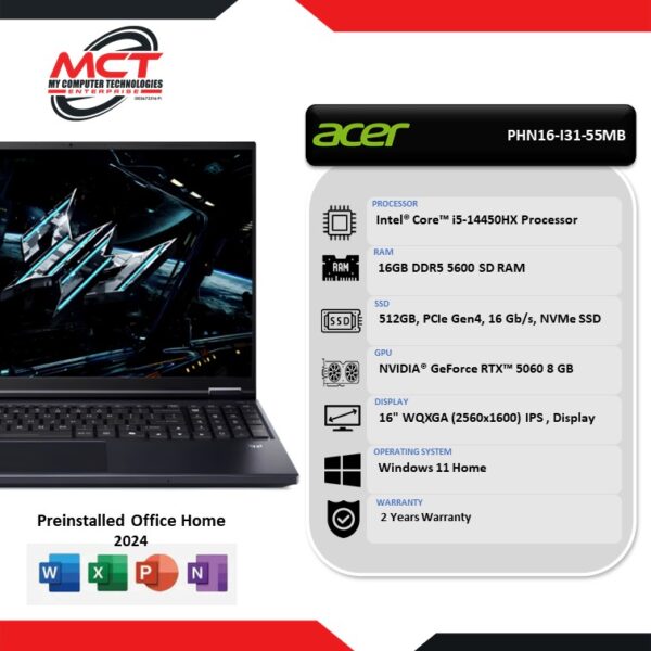 Acer Predator Helios Neo 16 AI PHN16-I31-55MB 16" WQXGA Gaming Laptop (i5-14450HX, 16GB DDR5 , 512GB, RTX5060 8GB, W11, HS+M365, 2Y)