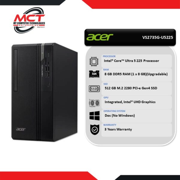 Acer Veriton 2000 VS2735G-U5225 Desktop PC (CU5-225, 8GB DDR5, 512GB SSD, Intel, Dos, 3Y)