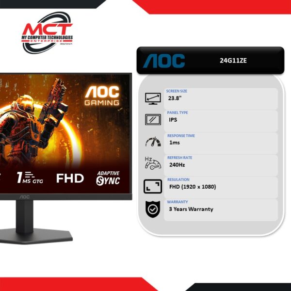 AOC 24G11ZE 23.8" FHD 240Hz Fast IPS Gaming Monitor (1920 x 1080, 23.8", IPS, 1MS, 240Hz, 3 YEARS WARRANTY)