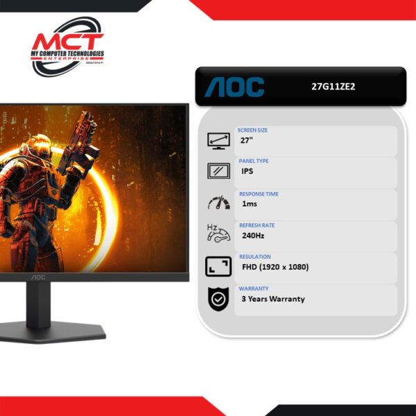AOC 27G11ZE2 27" FHD 240Hz Gaming Monitor (1920 x 1080, 27", IPS, 1MS, 240Hz, 3 YEARS WARRANTY)