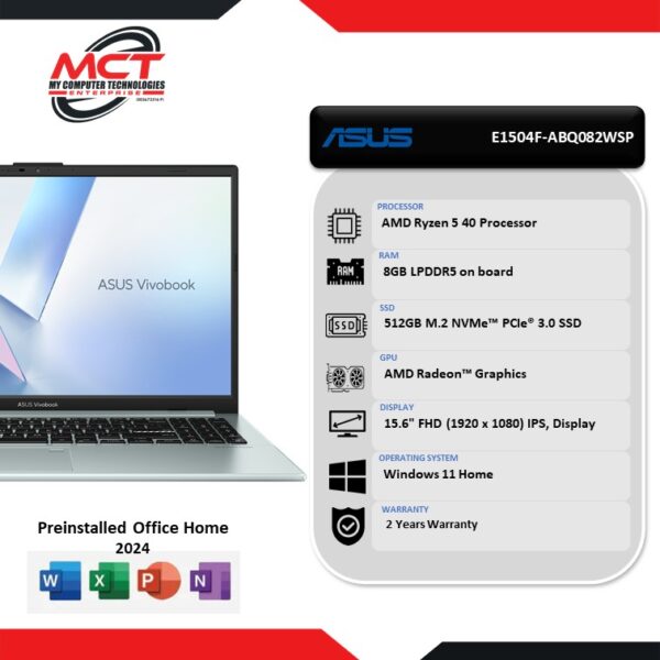 Asus VivoBook Go 15 E1504F-ABQ082WSP 15.6'' FHD Laptop (R5-40, 8GB LPDDR5, 512GB SSD, AMD Radeon, W11, HS+M365, 2Y)