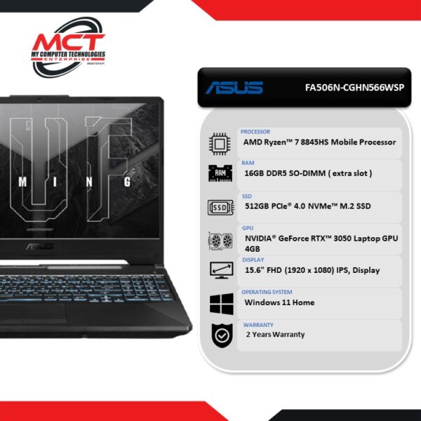 ASUS TUF Gaming A15 FA506N-CGHN566WSP 15.6 FHD 144Hz Gaming Laptop (R7-8845HS, 16GB DDR5, 512GB SSD, RTX3050, W11, HS+M365, 2Y)