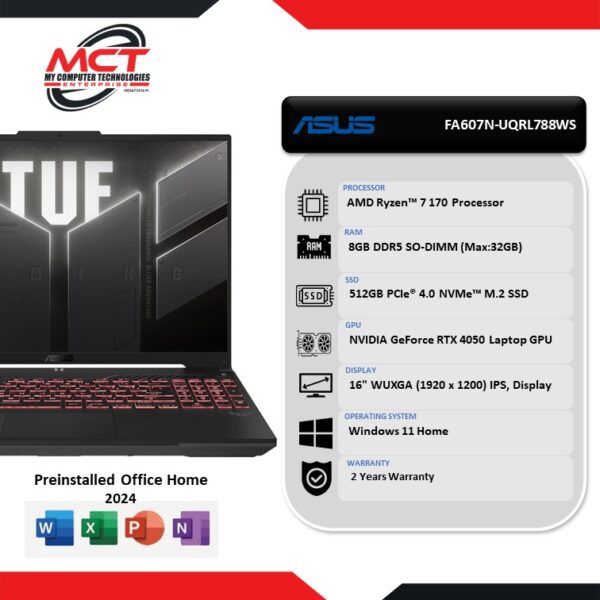 Asus TUF A16 FA607N-UQRL788WS 16" FHD+ 144Hz Gaming Laptop (R7-170, 8GB DDR5, 512GB SSD, RTX4050 6GB, W11, HS+365, 2Y)