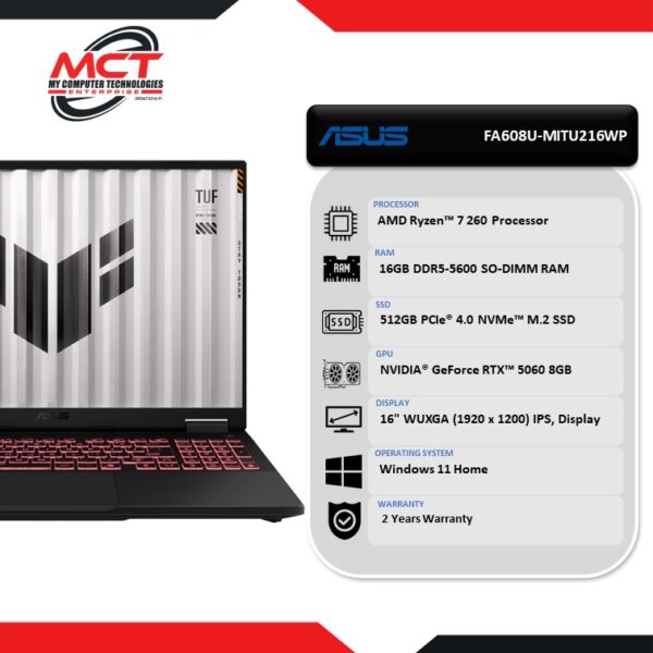 Asus TUF Gaming A16 FA608U-MITU216WP 16" WUXGA 144Hz Gaming Laptop Jaeger Gray (R7-260, 16GB DDR5, 512GB SSD, RTX5060 8GB, W11, 2Y)