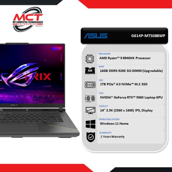 Asus ROG Strix G16 G614P-MTS088WP 16'' 2.5K 300Hz Gaming Laptop Eclipse Gray (R9-8940HX, 16GB DDR5, 1TB SSD, RTX5060 8GB, W11, 2Y)