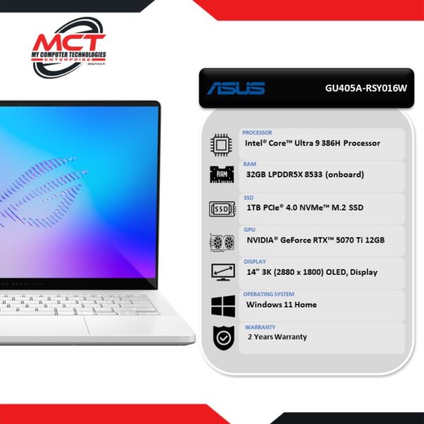 Asus ROG Zephyrus G14 GU405A-RSY016W 14'' 3K OLED 120Hz Gaming Laptop Platinum White (CU9 386H, 32GB LPDDR5X, 1TB SSD, RTX5070 Ti 12GB, W11, 2Y)