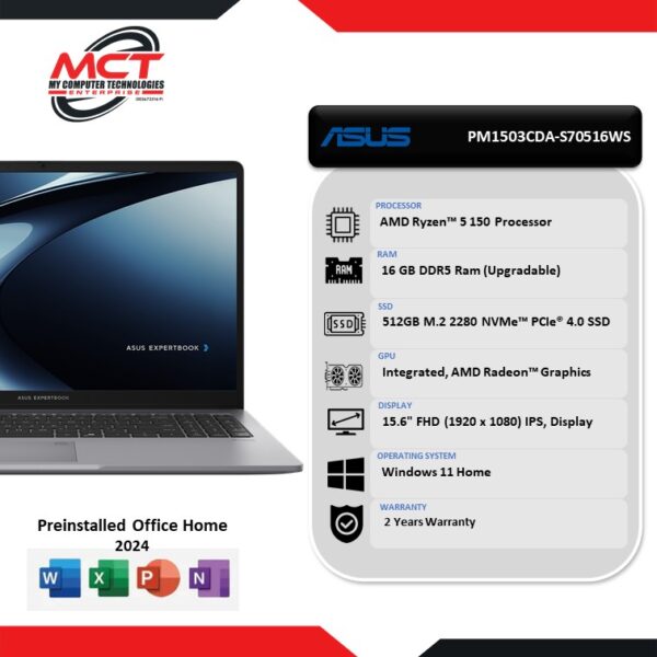 Asus ExpertBook P1 PM1503CDA-S70516WS 15.6" FHD Laptop Misty Grey (R5-150, 16GB DDR5, 512GB SSD, AMD Radeon, W11, 2Y)