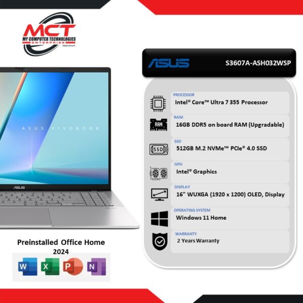 Asus Vivobook S16 S3607A-ASH032WSP 16" WUXGA Laptop Cool Silver (CU7-355, 16GB DDR5, 512GB SSD, Intel, W11, HS+M365, 2Y)