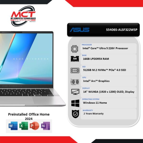 Asus Vivobook S 14 S5406S-ALSF322WSP 14'' WUXGA OLED Laptop Cool Silver (CU5-226V, 16GB LPDDR5X, 512GB SSD, Intel, W11, HS+M365, 2Y)