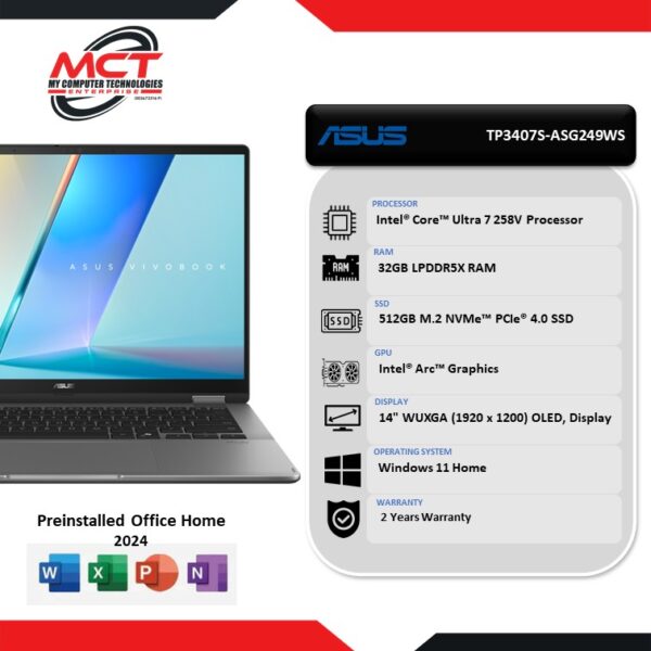 Asus Vivobook 14 Flip TP3407S-ASG249WS 14" WUXGA OLED Touch Laptop (CU7-258V, 32GB LPDDR5X, 512GB SSD, ARC, W11, HS+M365, 2Y)