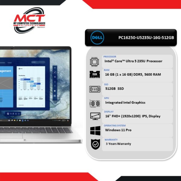 Dell 16 16PRO PC16250-U5235U-16G-512 16" FHD+ Laptop Silver (CU5-235U, 16GB DDR5, 512GB, Intel, W11P, 3Y)